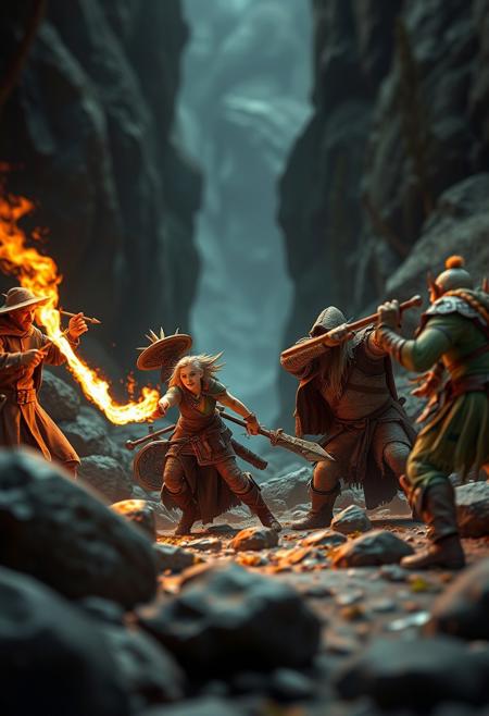 score_9, score_8_up, score_7_up, photo bokeh, blurred background
Dungeons and Dragons 
a group of adventurers with a human wizard, female elf thief, a dwarven fighter, and an elven ranger are on one side fighting a group of 5 orcs on the other.  
The wizard has a stream of fire flowing from his fingers towards the orcs
The ranger has a bow and is firing an arrow at the orcs leader
The elf is sneaking around behind the orcs so she can attack them from behind
The fighter is swinging a large battle axe as large as he is
The orcs are holding rusty short swords and wearing mismatched armor
They are in a dark valley strewn with large boulders
