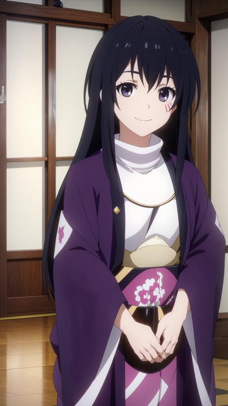 shizue izawa, nikki, solo, 1girl, long hair, black hair, grey eyes, smile, black eyes, looking at viewer, blush, purple coat, facial mark shizue izawa, nikki, 1girl, solo, black hair, gloves, smile, long hair, fingerless gloves, full body, cape, white background, looking at viewer, white cape, black eyes, closed mouth, bodysuit, standing, bangs, capelet, blue footwear, facial mark, boots, black legwear