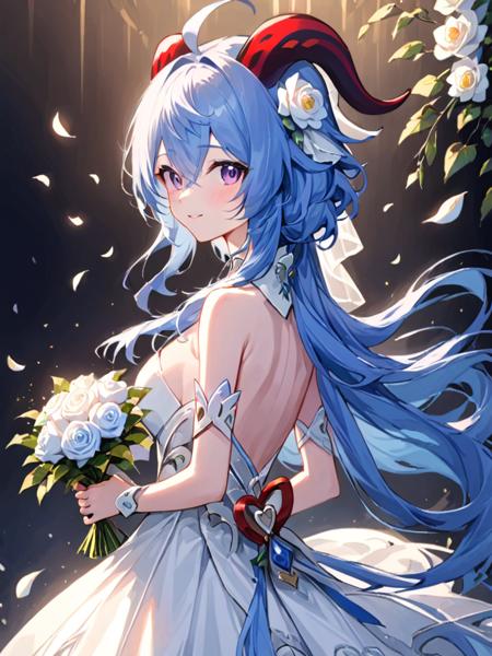 ultra-detailed,(best quality),((masterpiece)),(highres),original,extremely,<lora:ganyu_xl:1>,(\gan yu\),ganyu, solo, flower, dress, horns, long hair, white flower, blue hair, breasts, ahoge, wedding dress, looking at viewer, holding, purple eyes, bouquet, white dress, medium breasts, bare shoulders, backless outfit, bridal gauntlets, from side, petals, holding bouquet, bangs, veil, low ponytail, smile, parted lips, bridal veil, hair ornament, blush, choker, goat horns, hair flower, white choker, heart, sidelocks, bride, detached sleeves, backless dress, sideboob, standing, white rose, very long hair, cowboy shot, rose, hair between eyes, strapless dress, jewelry, looking to the side