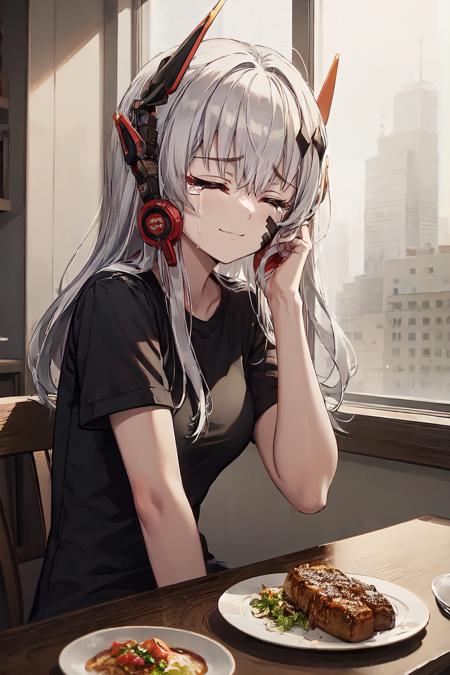 white hair, long hair, headgear, hair ornament, facial mark, black t-shirt
BREAK happy, sitting next to table, light smile, (tears, streaming tears:1.4), closed eyes
BREAK plate of breakfast
<lora:alpha-21:1>