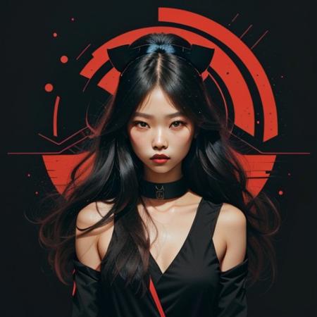 Fashionable T-shirt, Super Attractive Asian Female Characters, Urban Nightlife Landscape, Bold Red and Black Color Palette, Silky Hair Texture, Contemporary Illustration Style, Glamorous Perspective
 TshirtDesignAF, flat background, green background