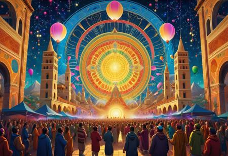 masterpiece painting of NEW YEARS PSY-TRANCE FESTIVAL in the style of Giotto di Bondone . Ultra High Definition 64K, Detailed and Intricate, Digital Art, Photo, Realistic, Cinematic, Studio Lighting, Beautiful Lighting, landscape view.