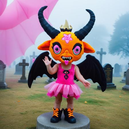 baphy_plushies, esoteric_baphy, big_horns_baphy, winged_baphy, fangs, sharp teeth,  standing in a foggy cemetery, pink and orange baphy, in the background a rave party, she's wearing a little dress, ((he's floating above the ground)) with one hand up, one hand down, ultra detailed, ultra quality, cinematic, dramatic lighting   <lora:Baphies-Plushies-000013:1>