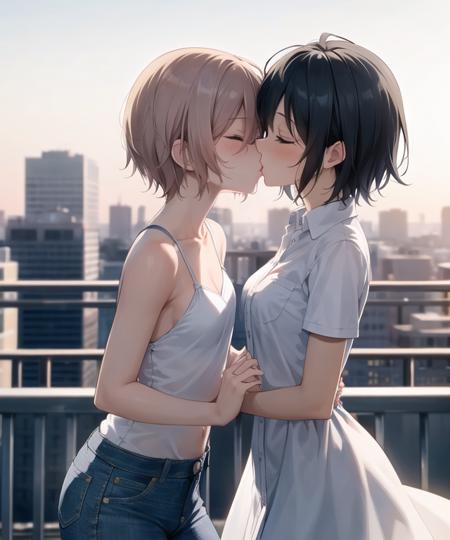 ((best quality)), two tomboys on a balcony, cityscape, short hair, small breasts, dress shirt, dress, jeans, (kissing:1.2), closed eyes