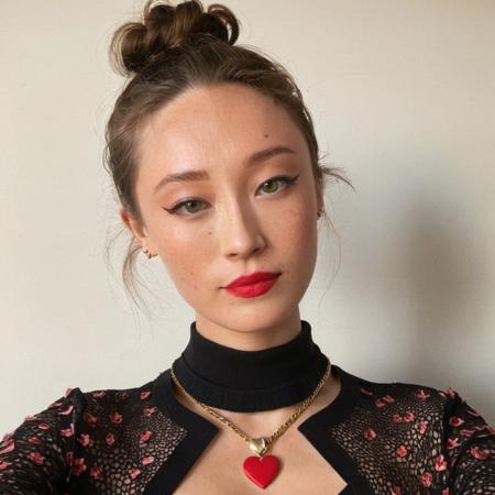 Looking straight at the camera, Film grain, skin texture, Instagram closeup selfie of a woman with hair ina top-knot wearing a heart necklace,f/1.8,wearing a tutleneck shirt,   <lora:havroseliu_xl_1_standard_wo_cap-000079:1>