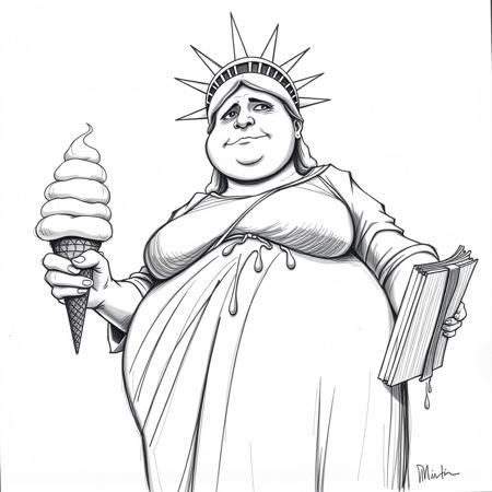 A humorous black pencil sketch of the Statue of Liberty, depicted as noticeably overweight, holding a giant melting ice cream cone instead of her torch and a thick, unmarked book in her other hand. Viewed from a low angle, emphasizing her imposing yet comical figure. The statue has a slightly embarrassed yet satisfied expression, with raised eyebrows and a sheepish smile.
The ice cream is a multi-scoop monstrosity, dripping down her arm. The contrast between the indulgent ice cream and the weighty book creates an implicit irony. Her crown is slightly askew, and her robe stretches tight across her expanded midsection.
Pencil strokes are loose and expressive, with cross-hatching for shading. The style resembles political cartoons, exaggerating features for effect. Lighting comes from the upper left, casting shadows that emphasize her round form and the dripping ice cream.
The mood is lighthearted and ironic, inviting viewers to chuckle while contemplating the balance between freedom, desires, and responsibilities.