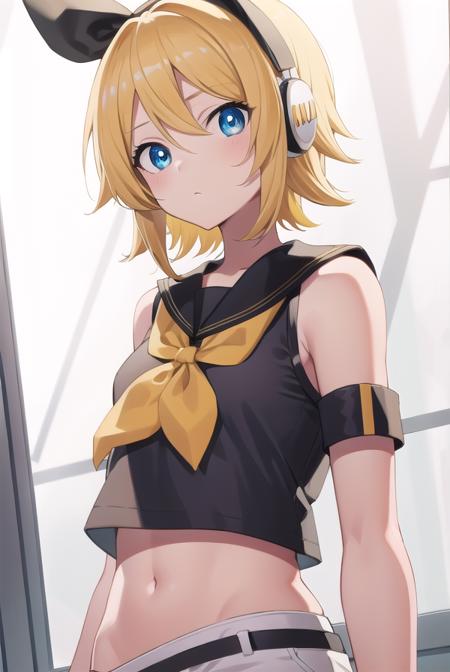 kagaminerin, <lora:rinkagaminetest:1>,
rin kagamine, blonde hair, blue eyes, hair bow, headset, short hair, headphones,
BREAK bare shoulders, belt, black sailor collar, black shorts, bow, crop top, detached sleeves, grey legwear, grey shorts, grey sleeves, hair bow, leg warmers, neckerchief, sailor collar, school uniform, shirt, short shorts, short sleeves, shorts, white bow, white footwear, white shirt, yellow neckerchief,
BREAK looking at viewer,
BREAK indoors, classroom,
BREAK <lora:GoodHands-vanilla:1>, (masterpiece:1.2), best quality, high resolution, unity 8k wallpaper, (illustration:0.8), (beautiful detailed eyes:1.6), extremely detailed face, perfect lighting, extremely detailed CG, (perfect hands, perfect anatomy),