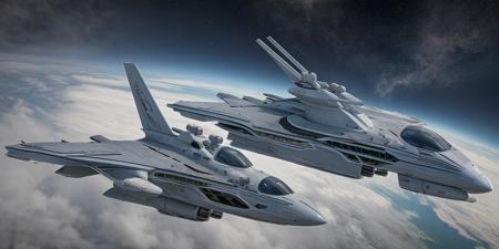 high quality, 8K Ultra HD, highly realistic, The great and sleek ship is moving forward, blasting through space. Embark on an enchanting 8K photorealistic journey as a magnificent starship blasts through a star system.  The ship gracefully flies among other ships. The starship's design boasts advanced tecnological elements. The camera captures every minute detail, by VelvetS, octane render, Isometric,