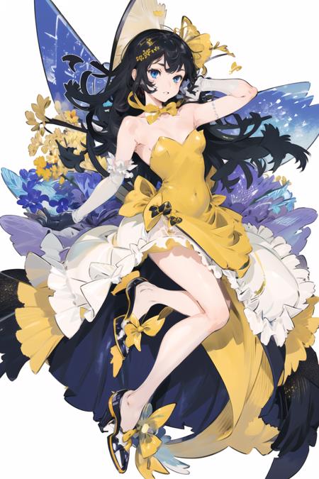 flat color,1girl, solo, black hair, dress, long hair, flower, orange flower, floating hair, blue eyes, elbow gloves, white background, strapless dress, yellow flower, strapless, gloves, ribbon, hair ornament, high heels, orange ribbon, hair flower, bare shoulders, full body, simple background, white dress, blue footwear, yellow dress, parted lips, skirt hold, bare legs, yellow ribbon, bow, orange dress, white gloves, orange bow, bangs,<lora:Kaisen:1>