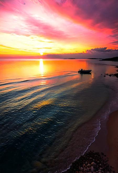 A serene seascape during sunset, soft golden light reflecting on gentle waves, vibrant orange to pastel pink sky, delicate clouds, faint silhouettes of an island and small boat in the distance, peaceful atmosphere with softly crashing water on the shore, warm and tranquil scene evoking divine guidance, heavenly glow illuminating the horizon
