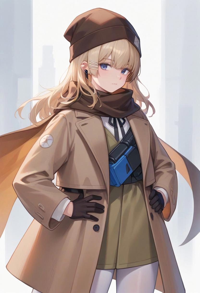 score_9, score_8_up, score_7_up, source_anime, BREAK, standing, hands on hips, cowboy shot, blue eyes, long hair, blonde hair, hairclip, earpiece, hat, scarf, coat, gloves, kneepad, white pantyhose