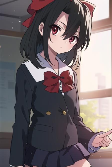 setsunakiyoura, <lyco:setsunakiyoura-lyco-nochekaiser:1>,
setsuna kiyoura, black hair, (red eyes:1.5), hair bow, red bow,
BREAK skirt, thighhighs, bow, school uniform, pleated skirt, shoes, black thighhighs, zettai ryouiki,
BREAK looking at viewer,
BREAK indoors, classroom,
BREAK <lora:GoodHands-vanilla:1>, (masterpiece:1.2), best quality, high resolution, unity 8k wallpaper, (illustration:0.8), (beautiful detailed eyes:1.6), extremely detailed face, perfect lighting, extremely detailed CG, (perfect hands, perfect anatomy),