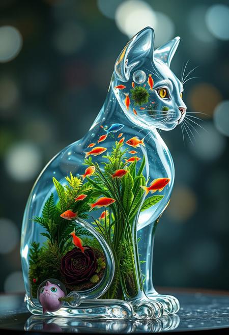 A luminous, transparent glass cat, showcasing an intricate internal ecosystem, featuring miniature colorful fishes  from within, blurring the line between surreal nature and organic growth, set against a dreamy bokeh background that evokes an ethereal atmosphere, with a focus on a portrait profile, adorned with lush green foliage, symbolizing biodiversity and the inner world, rendered in stunning 3D digital art with photorealistic textures, highlighting the intricate details of the figure's skin, and surroundings, all presented in high-resolution with an emphasis on capturing the subtle play of light and abstract big particle effect on her fragile, crystalline form. the cat is sitting