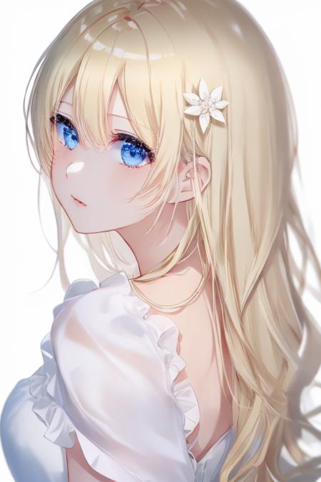 upper body,(beautiful detailed eyes),looking_back, blonde hair, masterpiece,best_quality,white background,masterpiece,white dress,<lora:Miwano-Rag-000012:1>