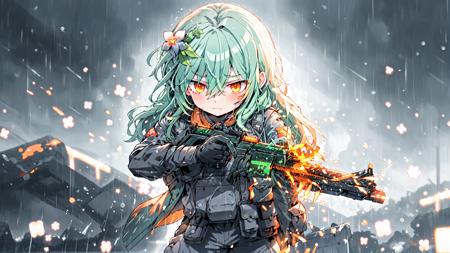 cowboy_shot,rain,<lora:BattlefieldStyle-000016:0.8>,bfstyle,glowing eyes,holding weapon,(sparks:1.1),1girl,cute,kawaii,(green hair:1.1),orange eyes,clover hair ornament,(long hair:1.1),(disheveled hair:1.1),(messy hair:1.1),(battlefield:1.1),frown,shaded_face,glaring,kubrick_stare,