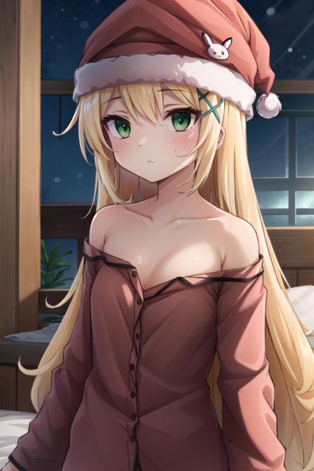 miru blonde hair, green eyes, long hair, messy hair, expressionless, pajamas, nightcap, x hair ornament, off shoulder