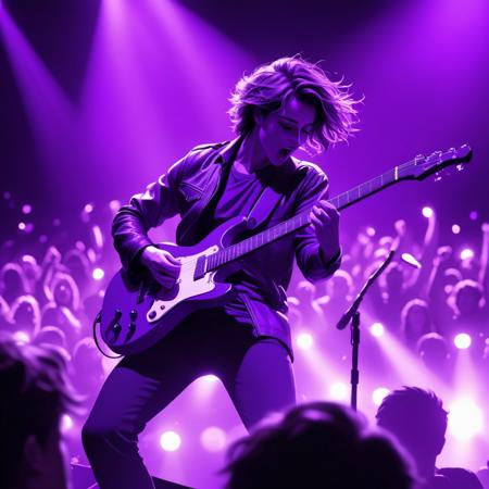 A concert scene with a guitarist playing passionately on stage. The image is rendered in various shades of purple, highlighting the emotional depth of the performance. The stage lights, the crowd, and the musician's expressions are all captured in Monochromatic shades of purple.