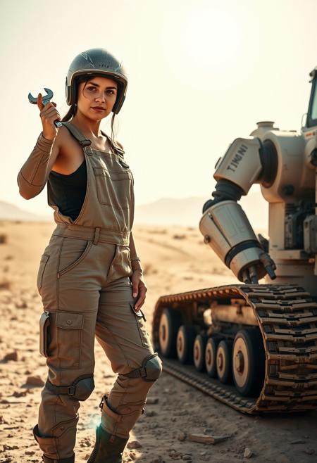 An attractive young hispanic woman stands in the desert. She is looks at the camera as she works on a large tracked machine. She is wearing overalls with armor and is holding a wrench in her left hand. 
The landscape is dusty with the sun brightly shining over the barren desert landscape. She is fully clothed and NOT wearing a helmet. Next to her is a large armored robot assistant holding tools.