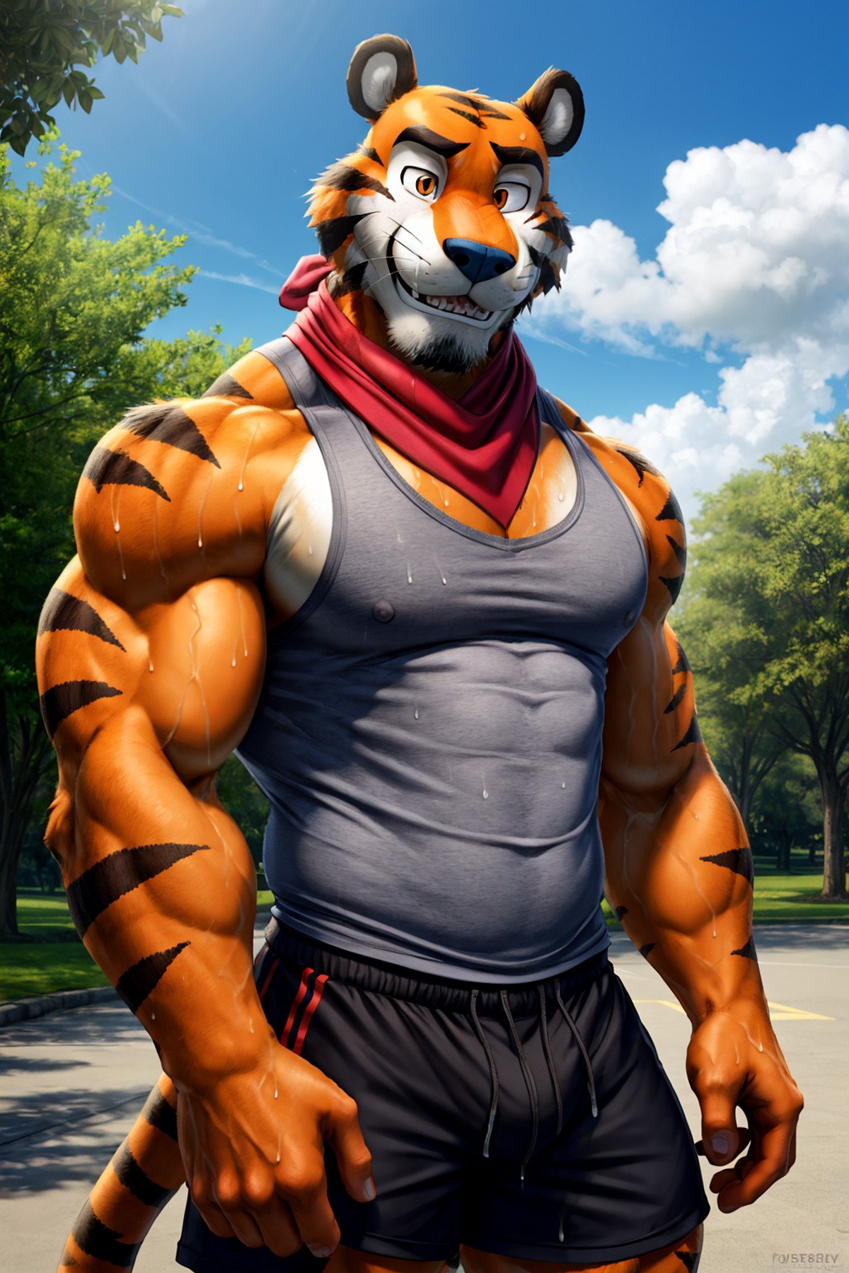 tony_tiger,  muscular,  sweaty,  tank top,  foulard,  looking at you,  park,  day,  nature,<lora:EMS-179-EMS:1.000000>,<lo...