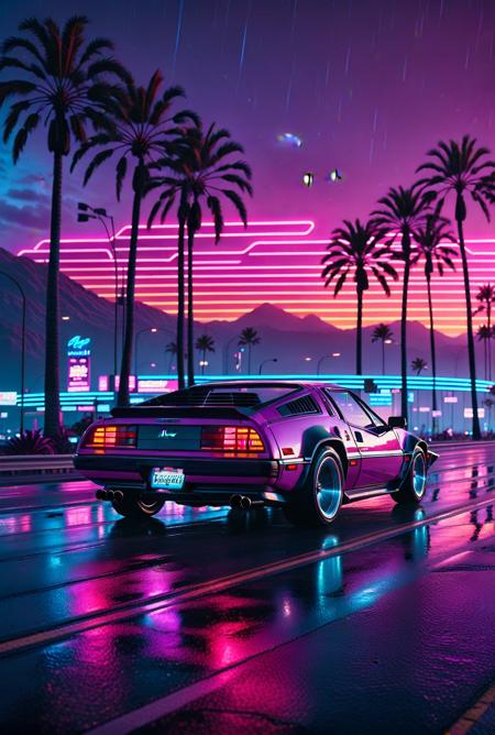 cinematic film still 80s synthwave, retro-futuristic, a classic 1980s sports car speeding around a neon-lit curve on a highway, with glowing palm trees lining the road. The scene is captured from a low-angle shot, emphasizing the sleek design and vibrant colors of the car, reflecting off the wet asphalt. The background features a neon sunset with horizontal lines, characteristic of the synthwave aesthetic, in vivid hues of pink, purple, and blue. The image is highly detailed with dramatic lighting, creating a sense of speed and motion. The artwork has a vaporwave vibe, combining retro and futuristic elements with bold, electric colors and a minimalist, sticker-like style on a white background. The atmosphere is surreal and cinematic, with sharp contrasts and intense glow effects, reminiscent of 80s digital art. This 3D render, illustration, is crafted with high resolution, capturing the essence of a synthwave cityscape in extreme detail and dynamic composition. 8k resolution with a focus on vibrant neon and striking details, evoking a nostalgic yet futuristic feel. <lora:FluxCyberpunkAnimeStyle.safetensors:1.0>, cyberpunk, anime,  . shallow depth of field, vignette, highly detailed, high budget, bokeh, cinemascope, moody, epic, gorgeous, film grain, grainy