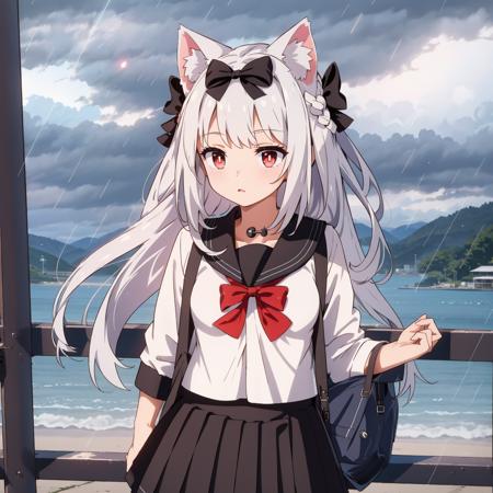 1girl,  solo,  long hair,  looking at viewer,  skirt,  shirt,  red eyes,  bow,  very long hair,  school uniform,  white shirt,  hair bow,  grey hair,  pleated skirt,  open clothes,  serafuku,  cloud,  cat ears,  black skirt,  sailor collar,  red bow,  animal ear fluff,  black bow,  cloudy sky,  frilled skirt,  rain,  black sailor collar,  lightning, <lora:EMS-34881-EMS:0.700000>