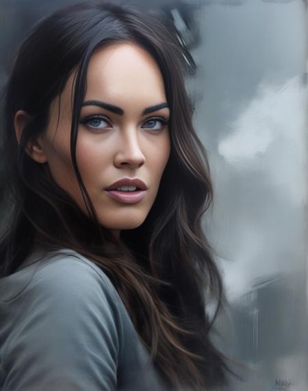 MeganFox, art by Helene Schjerfbeck, portrait,close up of a Interesting [Supple|Voluminous] High-Tech Female, Composing music, wearing German Jeggings, Stormy weather, Ultra Real, Shameless, octane engine, High quality,  <lora:MeganFoxSDXL:1>