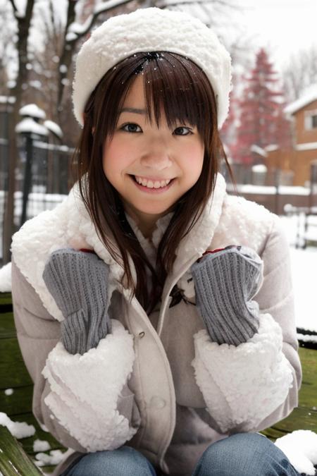 masterpiece, best quality, ultra high res, ultra detail, realistic, photorealistic, ultra realistic, professional lighting, depth of field, hikari, 1girl, solo, dynamic pose, dynamic angle, extreme detailed face, perfect face, smile:0.2, small breasts, skinny body, completely naked, grey wool mittens, ((hands covering breasts)), red winter hat, outdoor, snow landscape