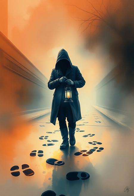 A dynamic watercolor painting in surreal infrared tones. A solitary watchman, with a partially hidden face, holds a lantern amidst mysterious footprints disappearing into the fog.  Warm light contrasts the cold darkness.  Translucent washes and fluid brushstrokes emphasize the action, creating an otherworldly surreal urban dreamscape.