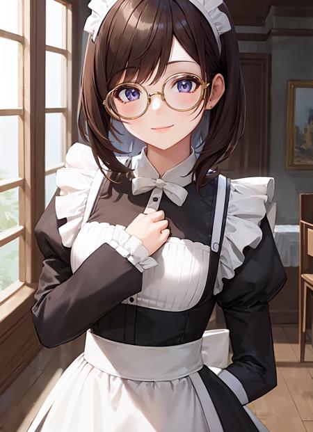 masterpiece, best quality, ultra-detailed, illustration, 1girl, solo, looking at viewer, <lora:round_glasses-v17h:1>, grey-framed eyewear, enmaided, maid, long sleeves, smile