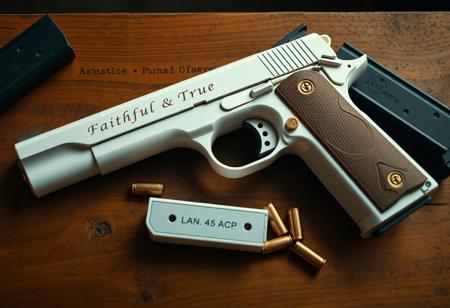 A gun is lying flat on a wooden table, it is a pure white  ((Colt 1911)) full-size handgun with "Faithful & True" engraved in elegant font along the slide of the pistol. The grips are beautiful pearl white, and the the gun has gold accents on all the buttons and levers. The pistol is surrounded by spare magazines and several extra .45 ACP ammunition rounds loose on the table. View from above, high angle shot, weapon, indoors, gun, no humans, handgun, action film style, highly detailed, high budget, bokeh, cinemascope, moody, epic, gorgeous, film grain, grainy