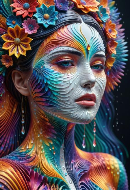 Masterpiece, High Details, HD, 8K, Photorealistic, perfect, High Quality, woman, made out of fractangles, floral elements, majestic, ethereal, handmade, clay texture, Focus face, just face, various colors, multicolored, abstract and colorful background, crying delicately, full body, ((tears))