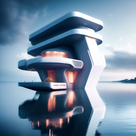 photo, a futuristic building in the middle of a body of water (ModernFutures style:1) <lora:djzModernFuturesV21:1>