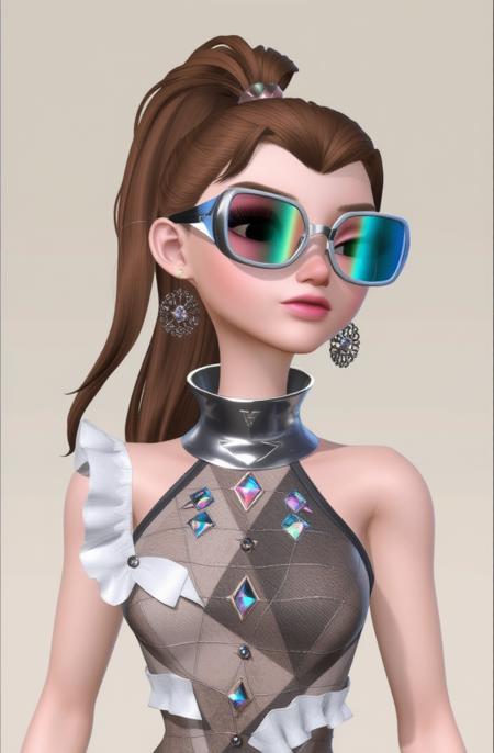 3d Princess, masterpiece full of details. This is a digital painting features a slender, light-skinned woman with long brown hair in a high ponytail. She wears futuristic, reflective, metallic fashion jewelry including large sunglasses with rainbow lenses, a high collar, and patchwork fabric. The outfit combines white frills and iridescent gems on her chest. Her skin appears smooth. The background is a simple gradient of beige. She stands confidently, hands at her sides.