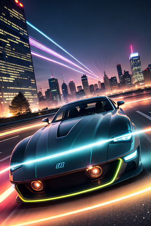 A futuristic cityscape at night, with towering skyscrapers lit up in neon colors, and a flying car zooming through the air...