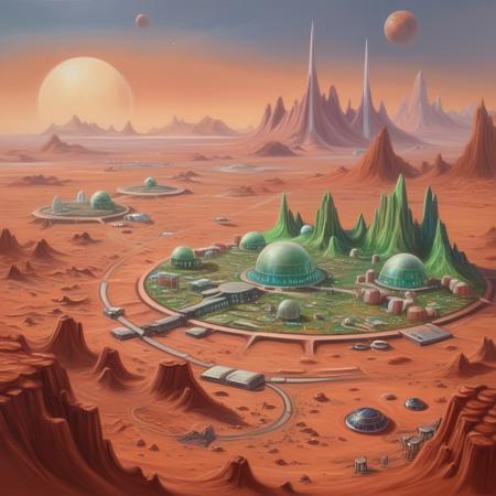 A pastel painting by "J. Carter", a young government scientist, depicting a fantastical city on Mars after terraforming, science-fiction city, painted in the 1940's, the city is called Mars Alma
Mars terraforming complete, only the high peaks remain of red sand, far away lakes. a couple of biodomes, savana