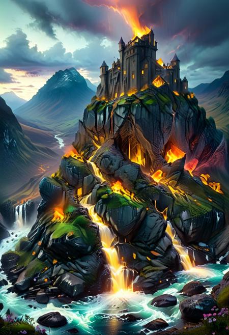 (by Ellen Jewett:1.5), (Bioluminescent Impressionism, Scottish highland  landscape, Flow in the Name of fire* *Channel_42* *中* *Broadcasting* *Artificially_Atypically_Autistically* *Magnetic**Synesthesia* *fire* *lightning*, The Dreamland, green earth, heather, sky sunset, sunrise ,waterfall, great castle on a crag, Crag, highland mountains, ethereal landscapes, depth of field, biotech emotion:1.3) <lora:xl_more_art-full_v1:0.5> <lora:add-detail-xl:1> <lora:RMSDXL_Creative:2>*Channel_42* ral-wlfnte