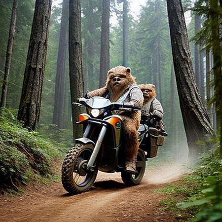 A full body photo of an Ewok on Endor, it's carrying an Uzi and riding an ATV, 
It looks cute and adorable yet fierce at the same time, The Ewok equivalent of Rambo, funny, 
highest quality, exceptional accuracy and realism,