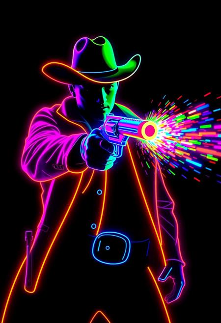 "Image of a neon outline of a cowboy, frozen in the act of shooting his pistol. The pistol's barrel is aglow with a vibrant, swirling mixture of colors, as if the bullet itself is made of pure, unadulterated color. A flurry of colors blasts from the end of the barrel, radiating outwards in a mesmerizing display of light and energy. The cowboy's neon outline is bold and striking, set against a dark background that allows the colors to pop. Style: vibrant, dynamic, and futuristic, with a focus on capturing the explosive energy and colorful chaos of the moment." Absurdres Highest-Quality, 4k