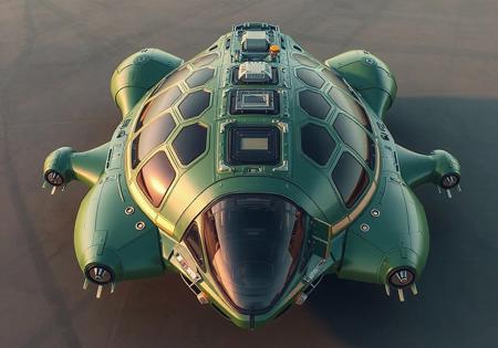 1 vehicle, 
very large hover RV shaped like a turtle
doors and garage entrance with a large cockpit at the front. 
hover jets at each corner of the RV.
Green and gold in color.
View from above. 
8k,
