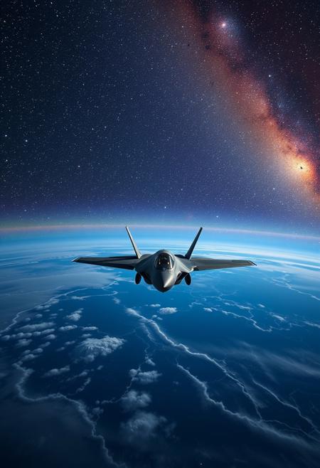f35 almost reaching space with milky way visible. the earth is below, stratospheric flight