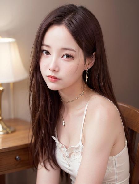 <(photorealistic:1.3), (intricate details:1.2) ultra high res>, 1girl, (solo:1.2), (photorealistic:1.0), from below, yeonwoo, small breast, long hair, earrings, necklace, light smile, white dress, jeans, closeup portrait, desk, chair, window, night, stars, desk lamp, soft lighting, <lora:ywftw:0.7>, dark studio, rim lighting, two tone lighting, dimly lit, low key, <lora:epiNoiseoffset_v2:0.75>