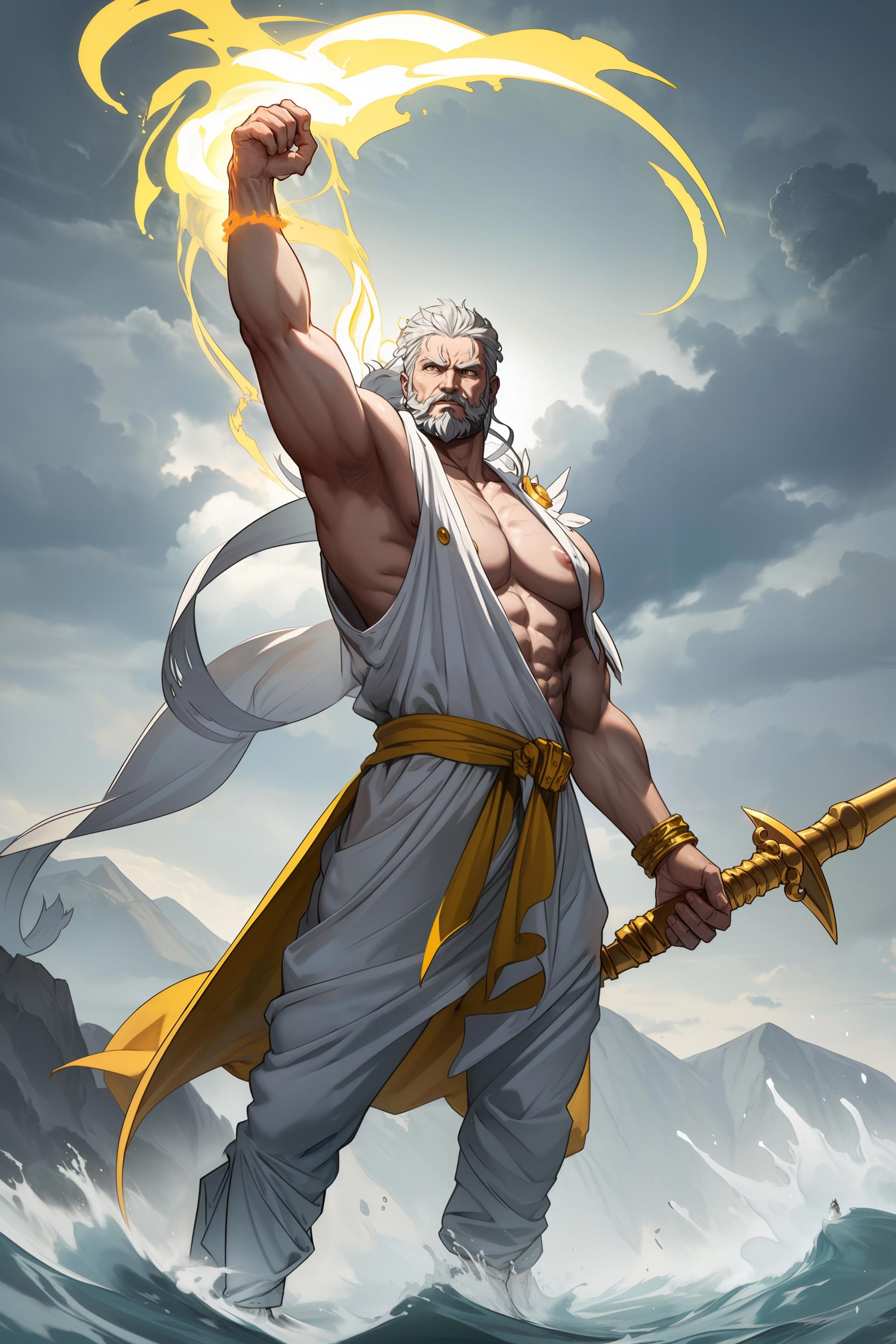 A man in a white robe, holding a sword, with a yellow cloth wrapped around his waist and a yellow cloth on his shoulder, standing in front of mountains.