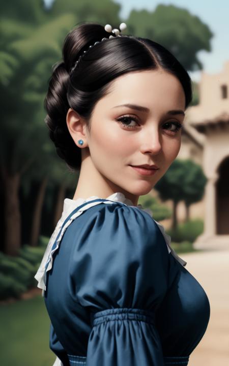 waist up closeup of vecstr wearing a colonial blue dress, colonial mexico outdoors, smug expression, hairdo, realistic, <lyco:VeCstr_v2_locon_64_64: 1.0>