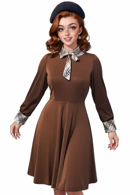 Retro Plaid Trim Brown Dress