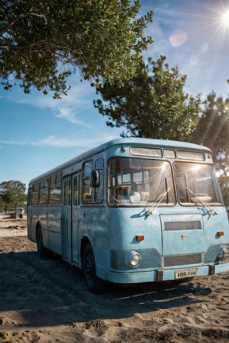 photo RAW,((wide-angle 17mm),gel40bo, (USA,Florida:1.3),luxory premium Light Blue color bus parking on ocean sand beach,blue sky,sunrays,(bokeh:1.3) <lora:gelios40bokeh_v2:0.5> <lora:liaz677:0.75>, dusty atmospheric haze, high quality textures of materials, volumetric textures, coating textures, metal textures, (natural colors, correct white balance, color correction, dehaze,clarity)), masterpiece, award winning photography, natural light, perfect composition, high detail, hyper realistic,lens flare,Timeless Elegance, Classic Tones, Refined Lighting, depth of field,sharp focus, dark theme <lora:lowra_v10:0.06>, in the style of intimacy, dreamscape portraiture,  solarization, shiny kitsch pop art, solarization effect, reflections and mirroring, photobash