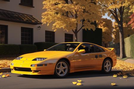 300ZX, yellow, sports car parked on a street covered with leaves in autumn in a (city:1.3), fall, global illumination, volumetric lighting, best quality, highly detailed, cgi, illustration, octane render,  <lora:300ZX:0.6>