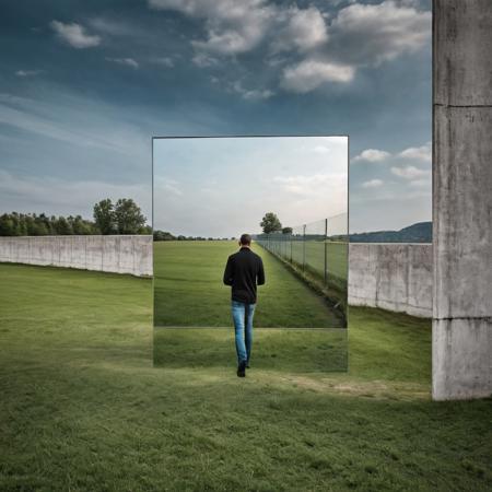 optical illusion - the illusion of mirrors digital art, 
composition:a square mirror was placed against a huge concrete fence, 
the reflection in the mirror shows a man walking across the field