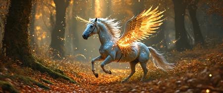 A majestic winged Pegasus galloping through an enchanted forest, its mane shimmering like stardust and wings glowing with fiery cosmic energy. A radiant magical shield swirls in front of the Pegasus, made of pure arcane light. The forest is alive with glowing fireflies, magical energy streams emanating from the trees and ground, vibrant bioluminescent plants, and luminous mist floating in the air. Golden rays pierce through the autumn-colored foliage, illuminating the scene with a divine glow. The environment sparkles with magic particles, creating a surreal, dreamlike fantasy atmosphere. Cinematic lighting, ultra-detailed, fantasy masterpiece, 8k render, volumetric light, photorealistic, high-fantasy concept art   <lora:Bio-Luminescence:1.4>