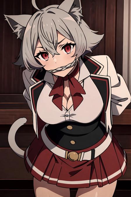 <lora:èå¦®äº1V-000010:0.8>,1girl,èå¦®äº,cat ears,grey hair,animal ear fluff,bangs,cat girl,red eyes,ahoge,short hair,fang,hair between eyes,slit pupils, large breasts, 
cat tail,white jacket,white shirt,pleated skirt,red skirt,belt buckle,bowtie,choker,cleavage,collared shirt,corset,long sleeves,open jacket,school uniform,cowboy shot, arms behind back,cloth gag,mouth hold,