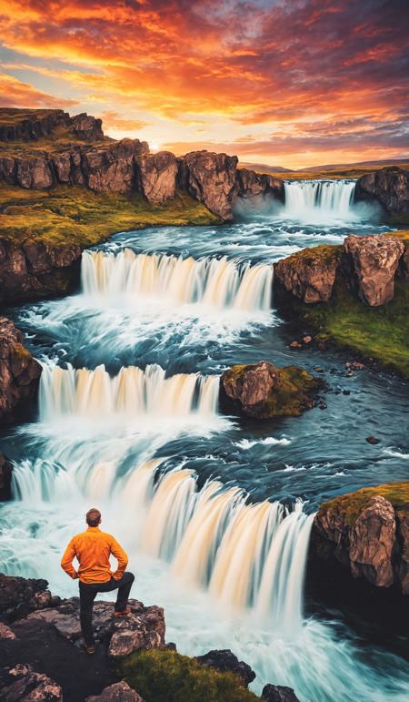 Majestic landscape of Godafoss waterfall flowing with colorful sunset sky and male tourist standing at the cliff on Skjalfandafljot river in summer at Northern Iceland. Dramatic unusual scene. Beauty world. Retro filter and vintage style. Instagram toning effect, breathtaking photograph.
